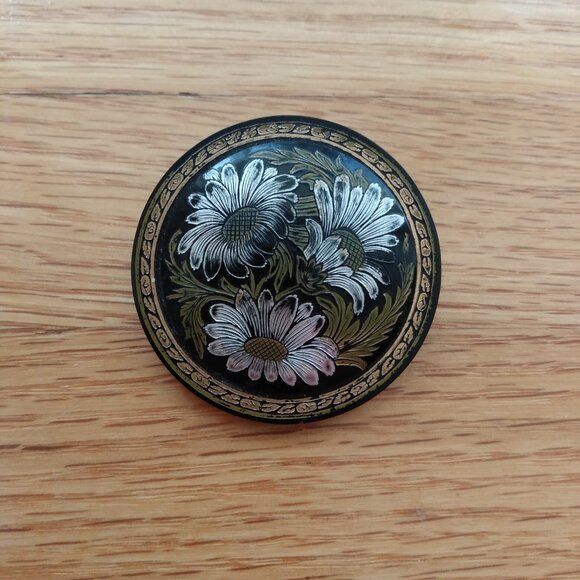 Vintage French Etched Plastic Brooch Gold Silver Floral Trombone Clasp France - Picture 3 of 11